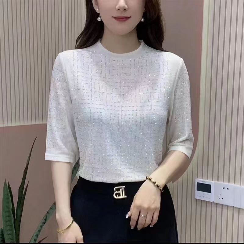 2024春夏新款夏季時尚洋氣高檔蕾絲小衫女上衣彈力顯瘦高檔媽媽款