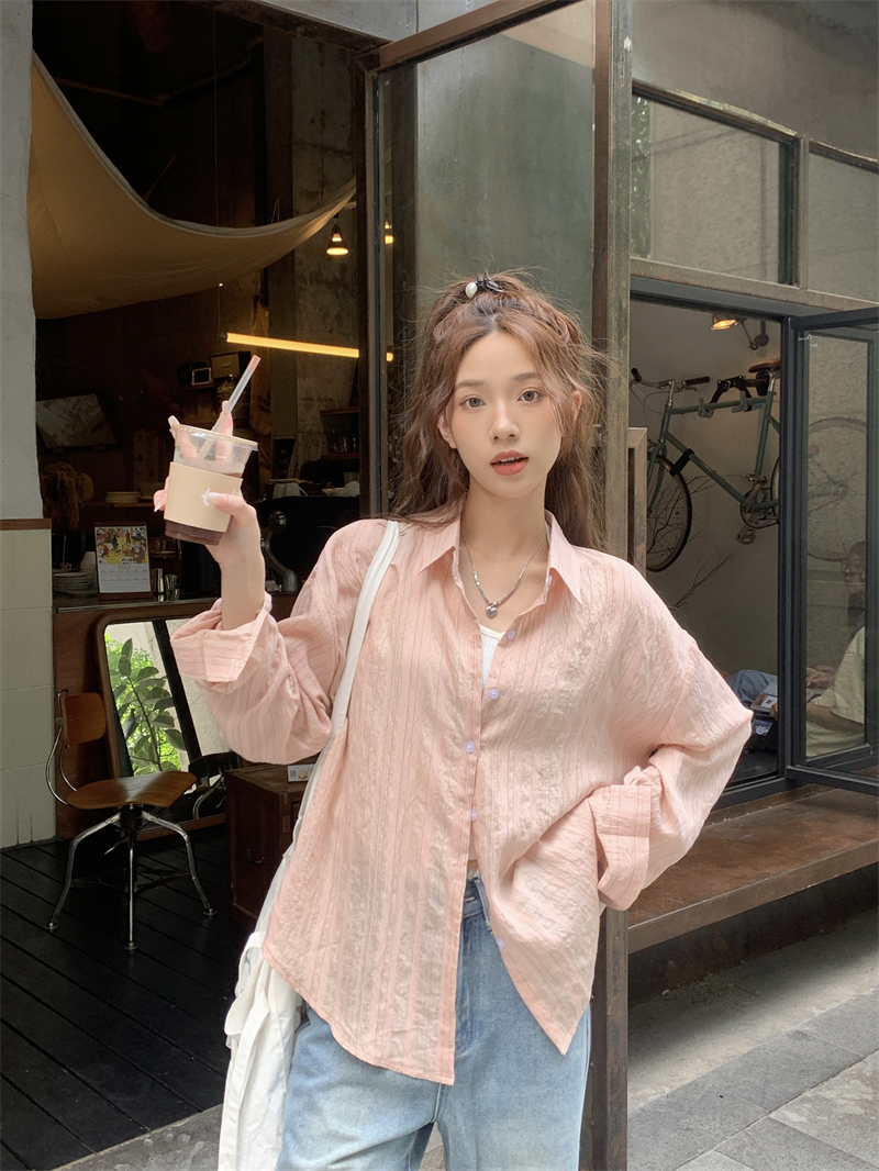 實拍 新款韓版條紋襯衫長袖防曬小眾別致復古寬鬆顯瘦襯衫