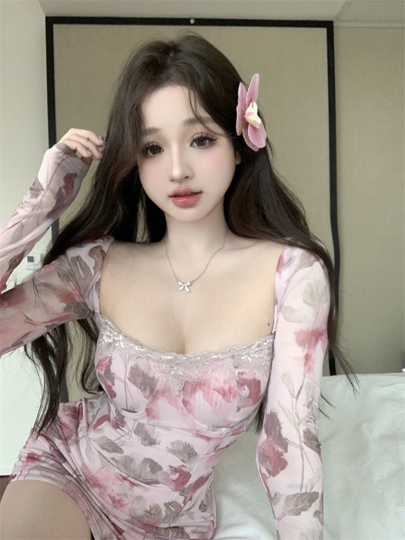 實拍甜欲姐姐蝴蝶蘭花卉包臀裙女春季新款長袖短款連衣裙