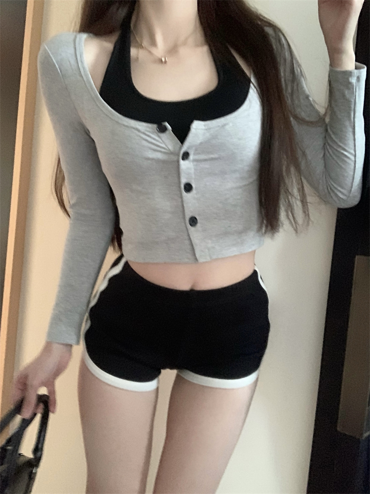 實拍~ 短款辣妹掛脖假兩件長袖T性感高腰露臍歐美ins辣妹打底