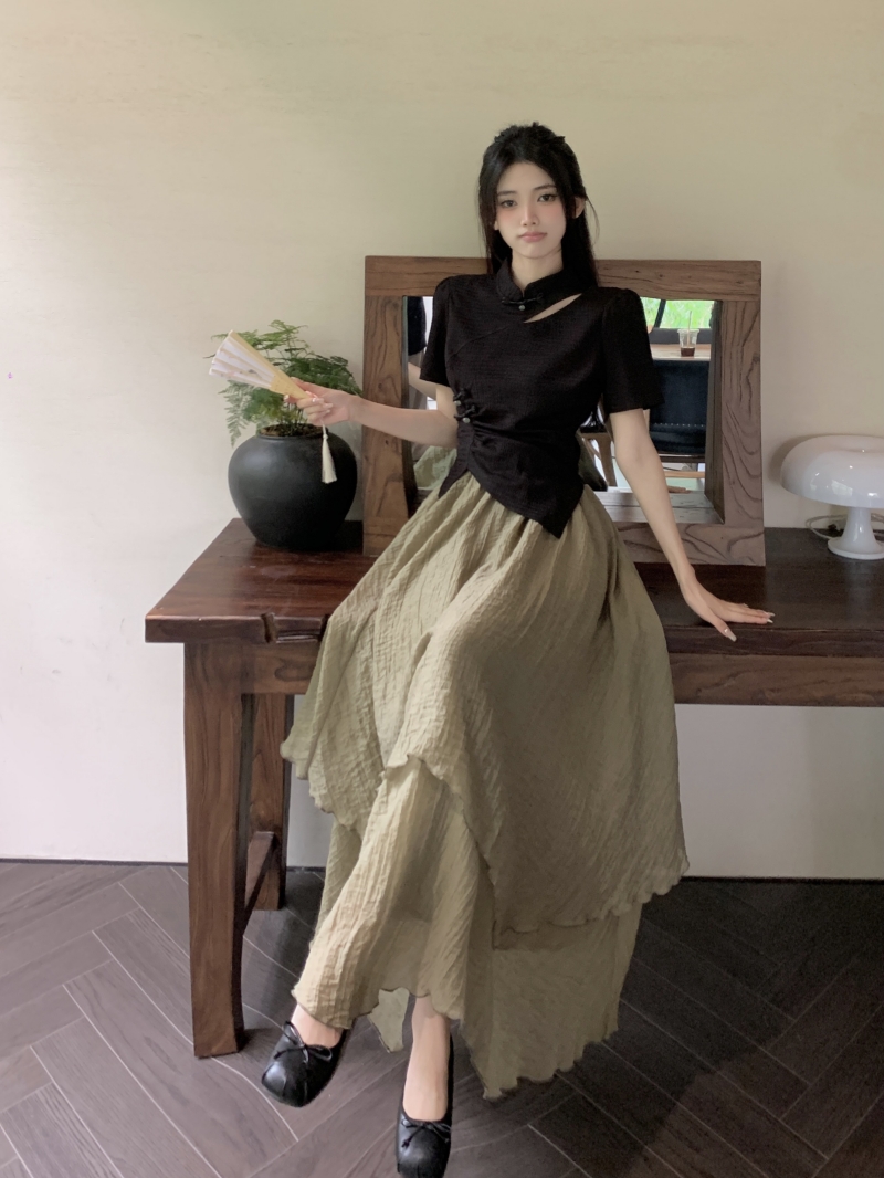 大碼女裝新中式國風套裝女夏提花針織上衣高腰半身裙兩件套裝