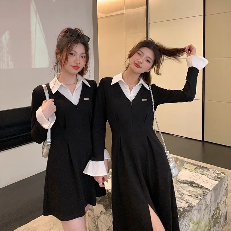 法式拼接春秋新款顯瘦小眾設計感襯衫領小黑裙氣質閨蜜連衣長裙女
