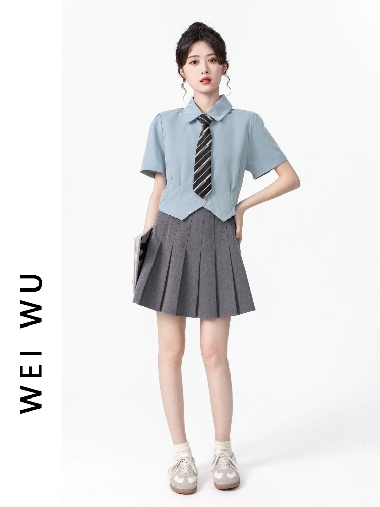 藍色學院風polo領短袖襯衫女夏2024新款不規則下擺襯衣領帶短上衣