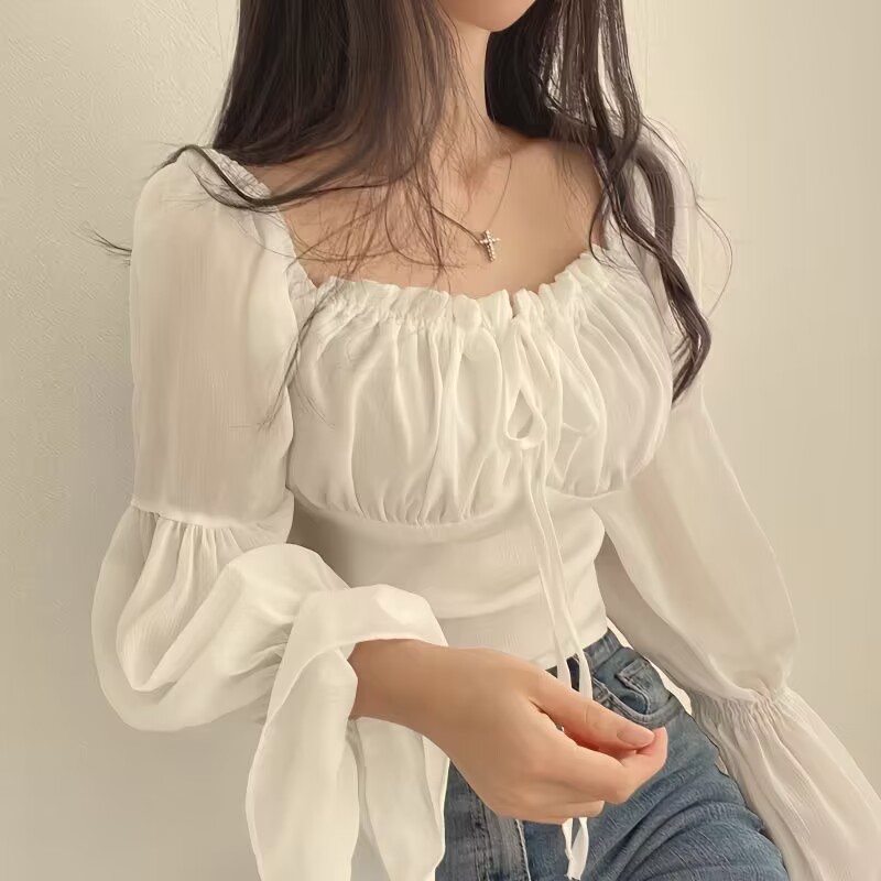 韓國chic早春法式小眾木耳邊系帶方領收腰喇叭袖雪紡衫短款襯衫女