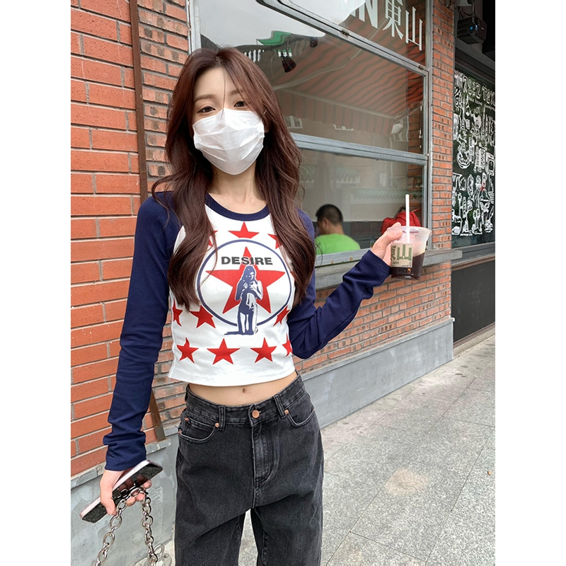 韓版長袖t恤女短款修身內搭打底衫洋氣小衫春秋超修身T恤圓領