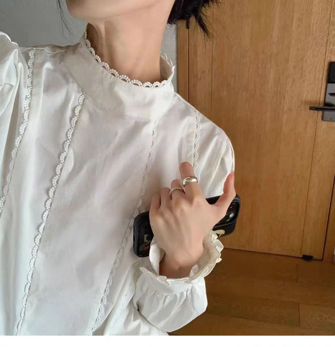 septwenty 法式花邊 白色棉質正肩立領顯瘦長袖襯衫內搭打底襯衣