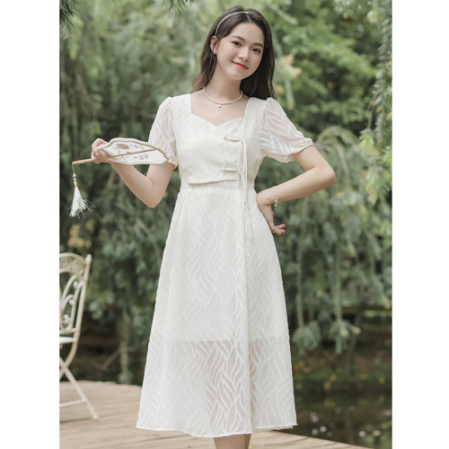 新中式短袖连衣裙女夏2024新款小清新甜美显瘦小个子法式茶歇长裙
