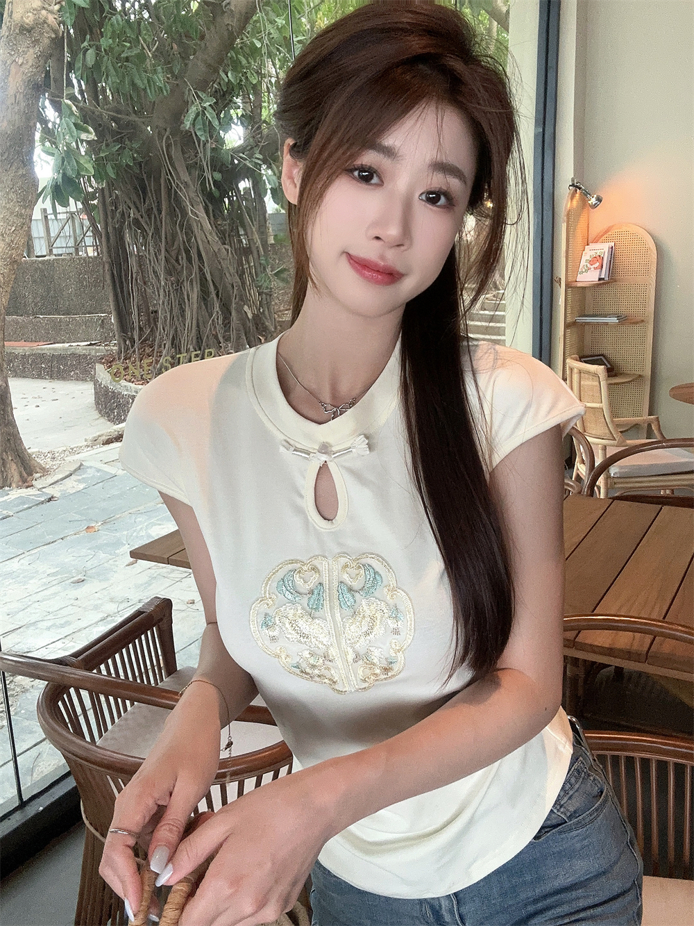 實拍~ 新中式國風系扣刺繡套頭短款修身顯瘦百搭短袖針織衫