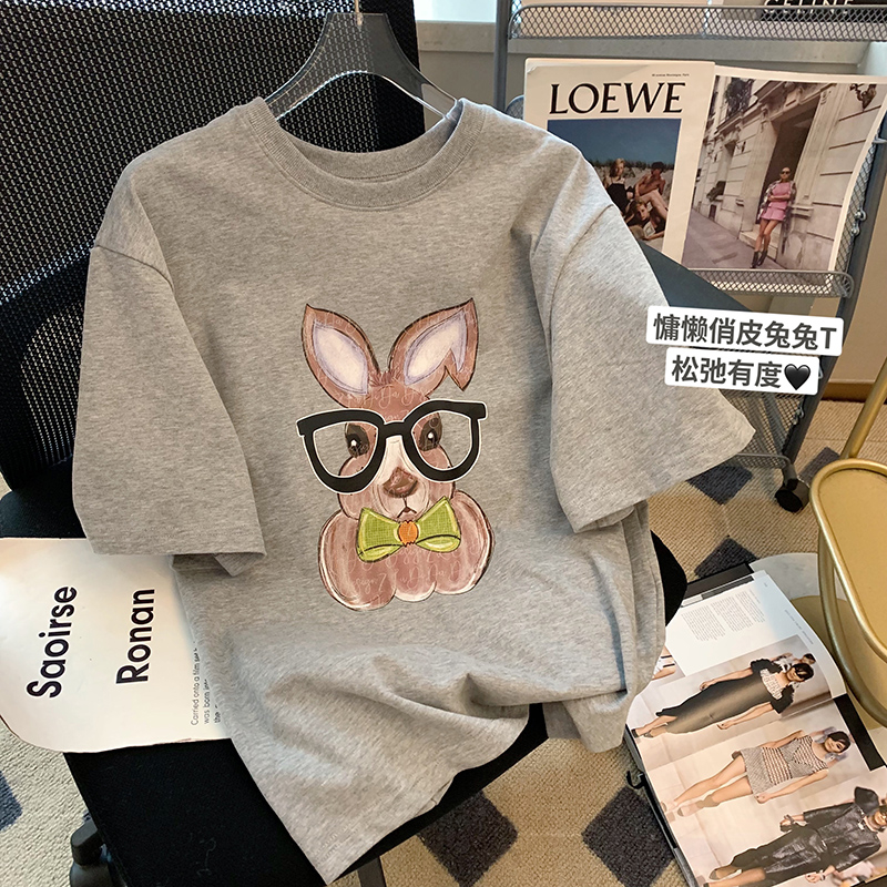 落肩寬鬆版型200克精梳純棉後包邊短袖T恤印花款