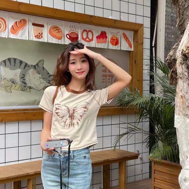 純棉夏季別致印花上衣女ins風百搭顯瘦新款洋氣短袖t恤洋氣設計感