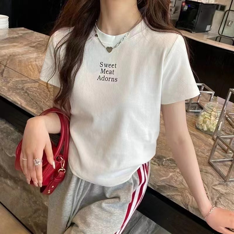 美式復古短袖T恤女年夏季新款撞色印花純棉修身短款正肩上衣