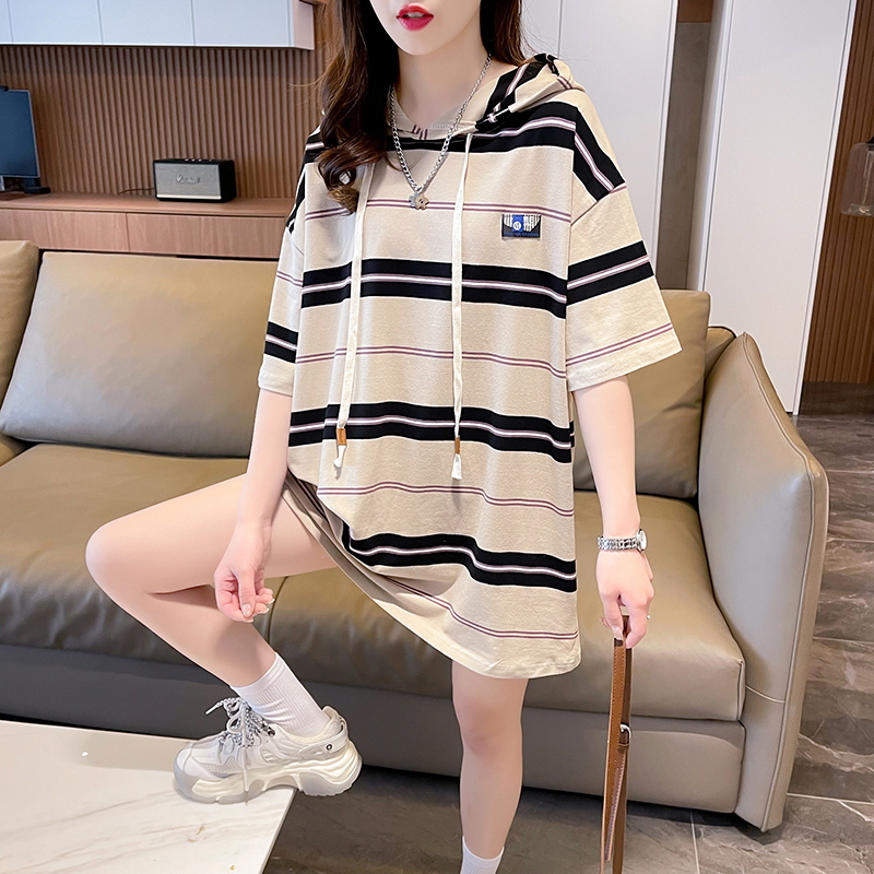 實拍~2024夏季100%純棉韓版中長款連帽撞色條紋短袖T恤女