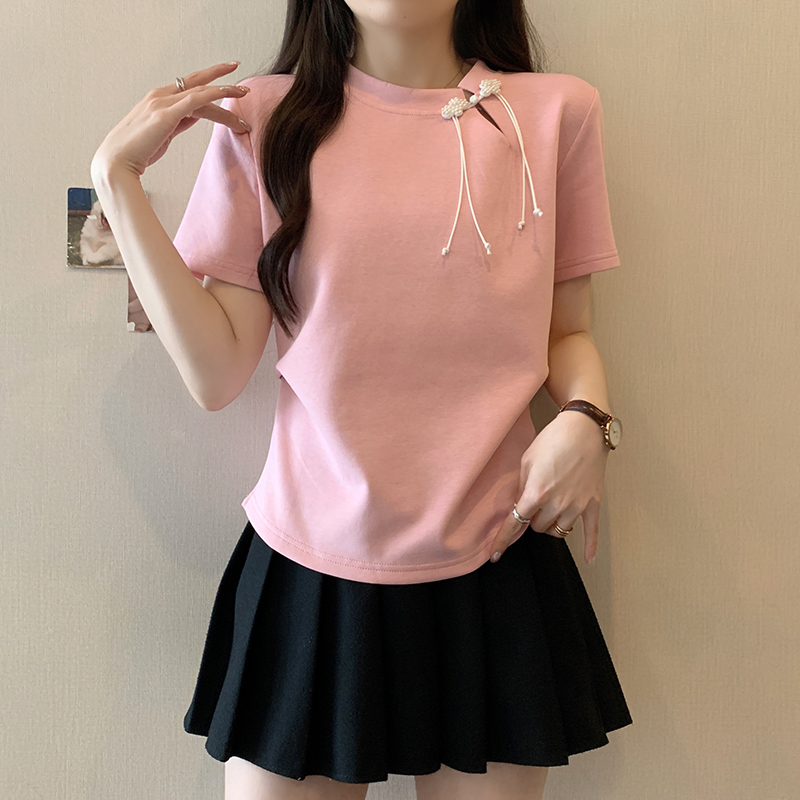 Actual shot of 2024 summer new style fat mm large size new Chinese style national style design unique plate button short-sleeved T-shirt