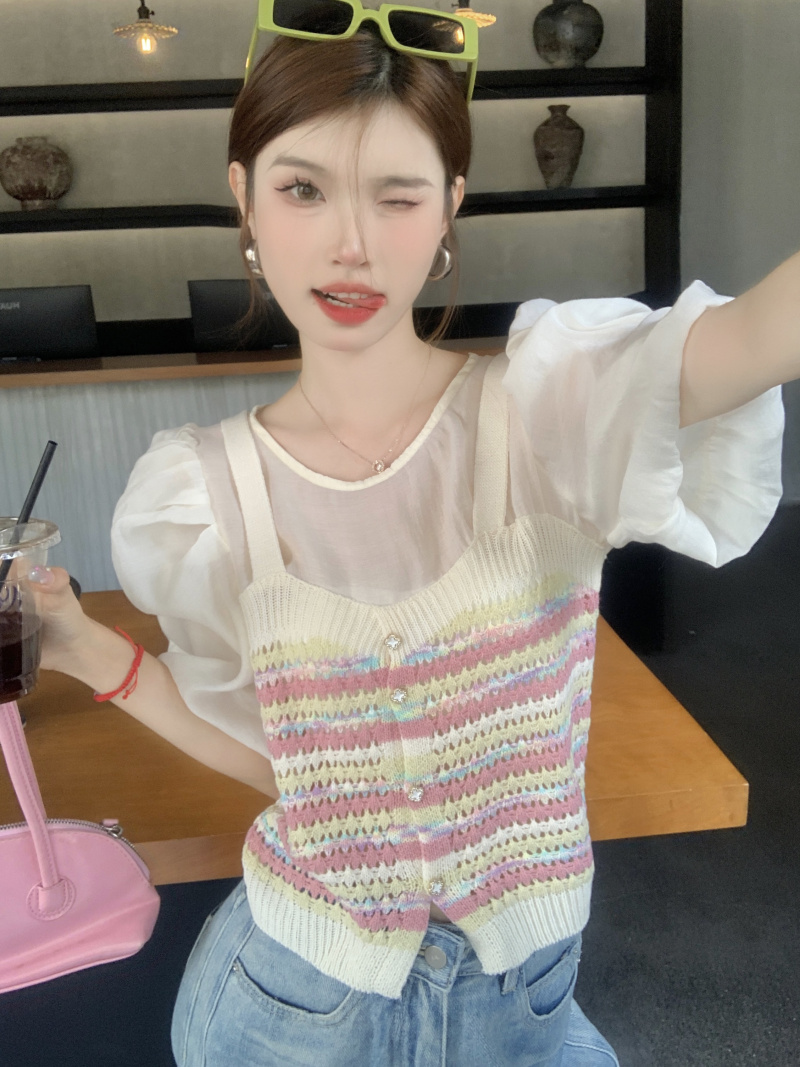 實拍 法式針織拼接假兩件條紋泡泡袖襯衫夏季設計感小眾上衣
