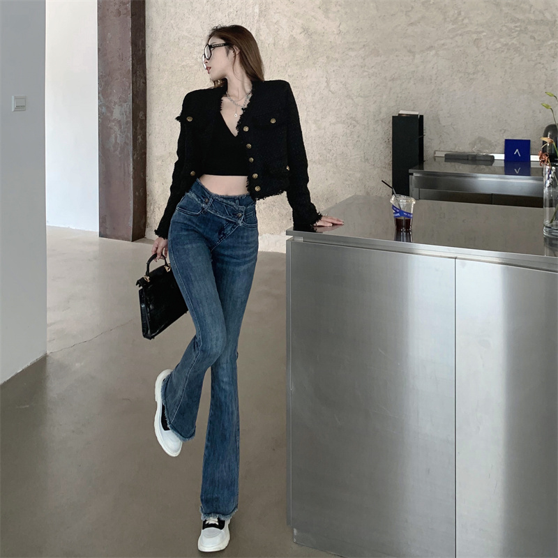 實拍  高腰彈力緊身顯瘦設計微喇叭牛仔褲女