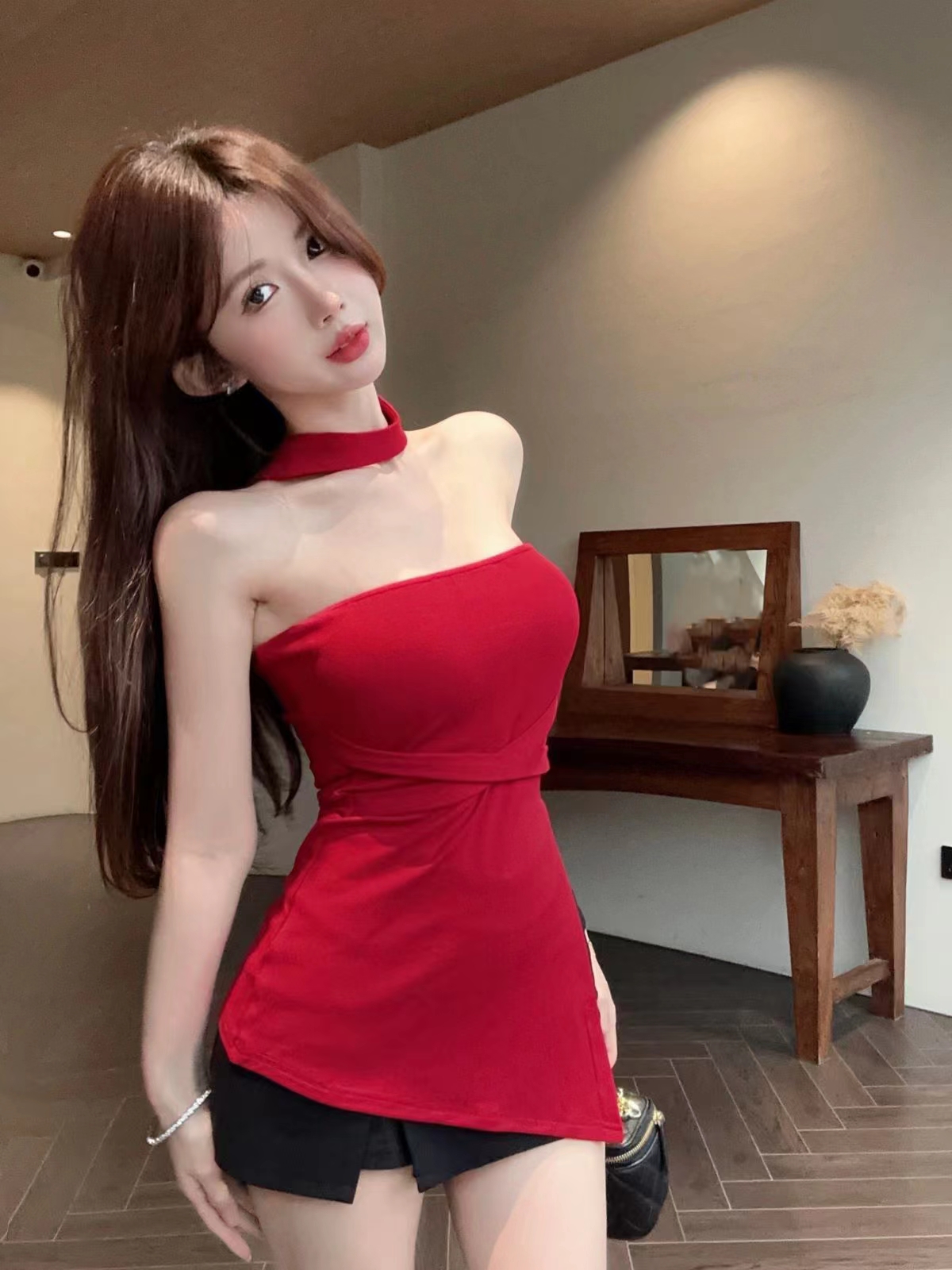 實拍—— 辣妹純欲不規則開叉胸墊修身抹胸上衣