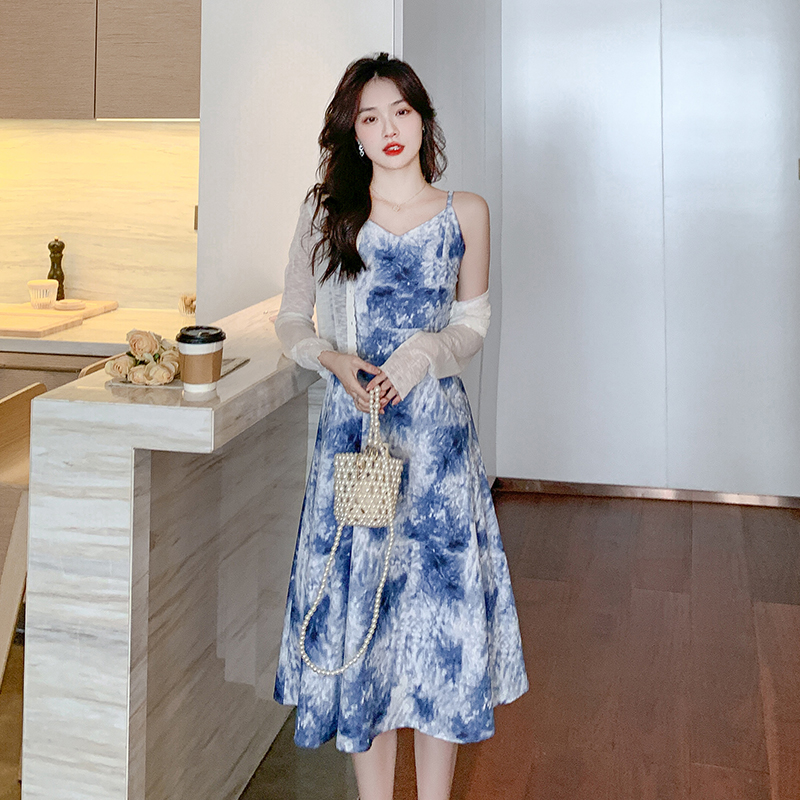 實拍 新中式中國風暈染藍色吊帶連衣裙女非扎染2024夏季新款開衫