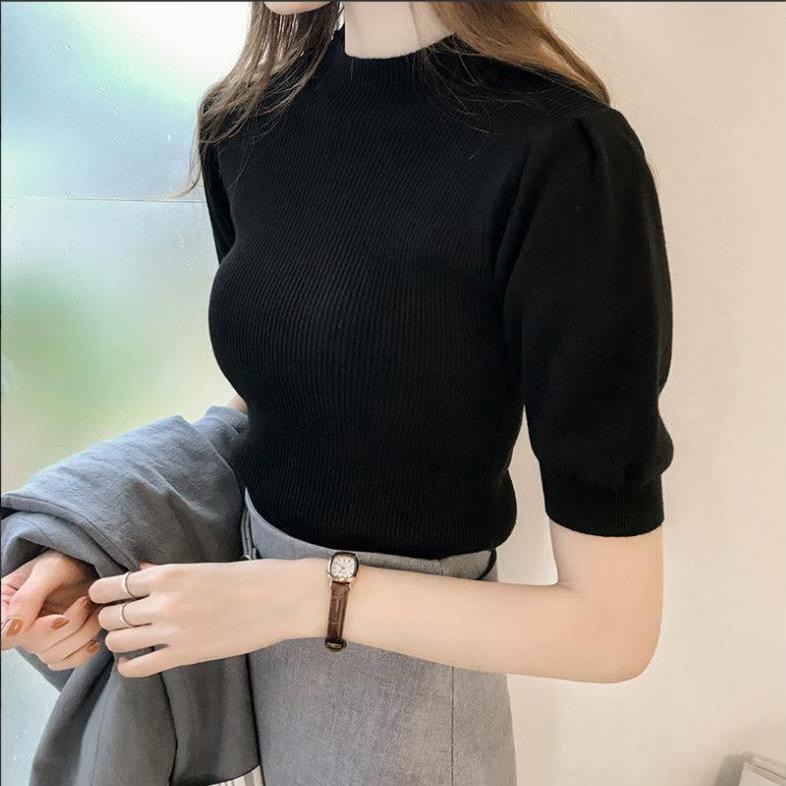 Solid color short-sleeved T-shirt for women, half-turtle collar, puff-sleeved top, simple temperament short sweater, half-sleeved thin sweater