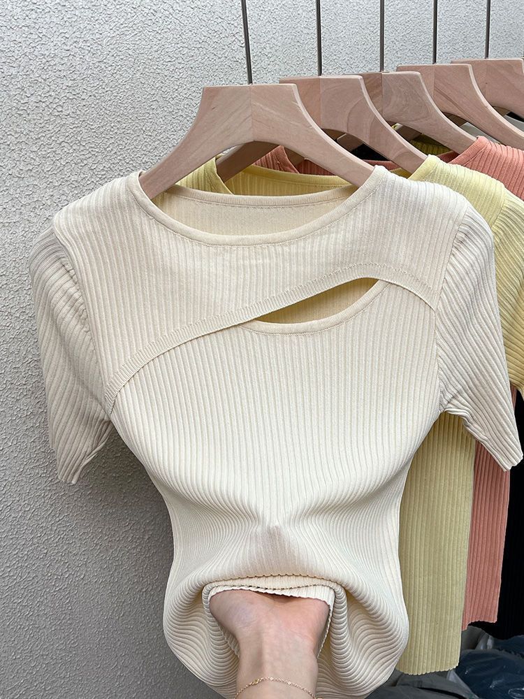 Sweet hottie sexy hollow ice silk knitted half-sleeved top with design niche short-sleeved t-shirt for women in cool silk