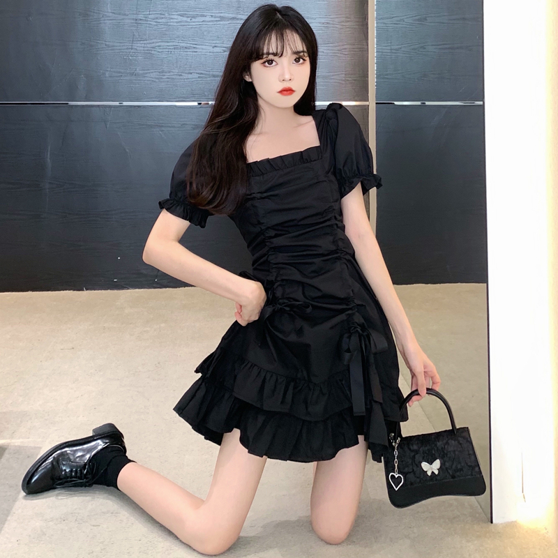 大碼女裝法式泡泡袖黑色連衣裙2024新款夏季設計感小眾荷葉邊裙子