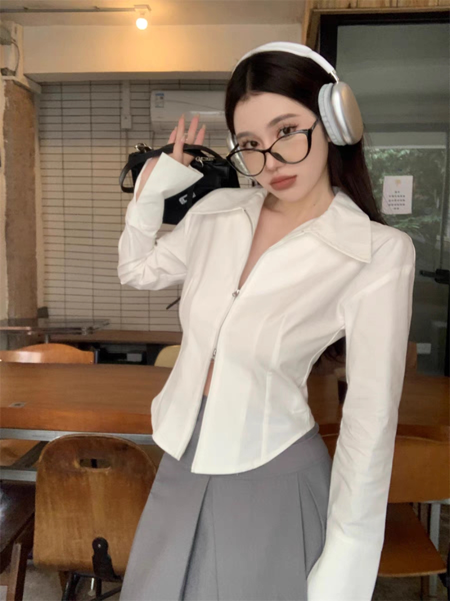 法式復古雙拉鏈短款襯衫女春秋內搭修身收腰顯瘦長袖打底上衣春季