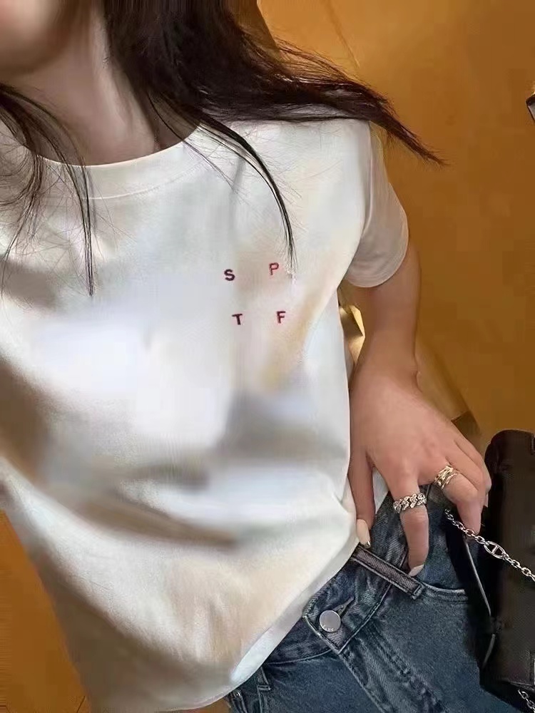 字母刺繡圓領白色短袖T恤女2024年春夏裝新款寬鬆體恤打底衫上衣