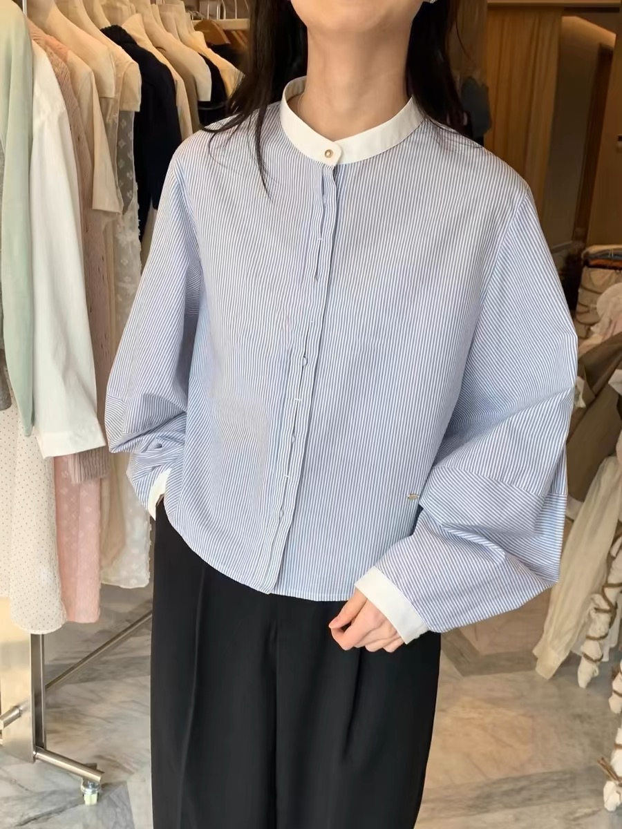 FF BLUE 家境殷實 小千金藍白長袖個性文藝條紋襯衫女