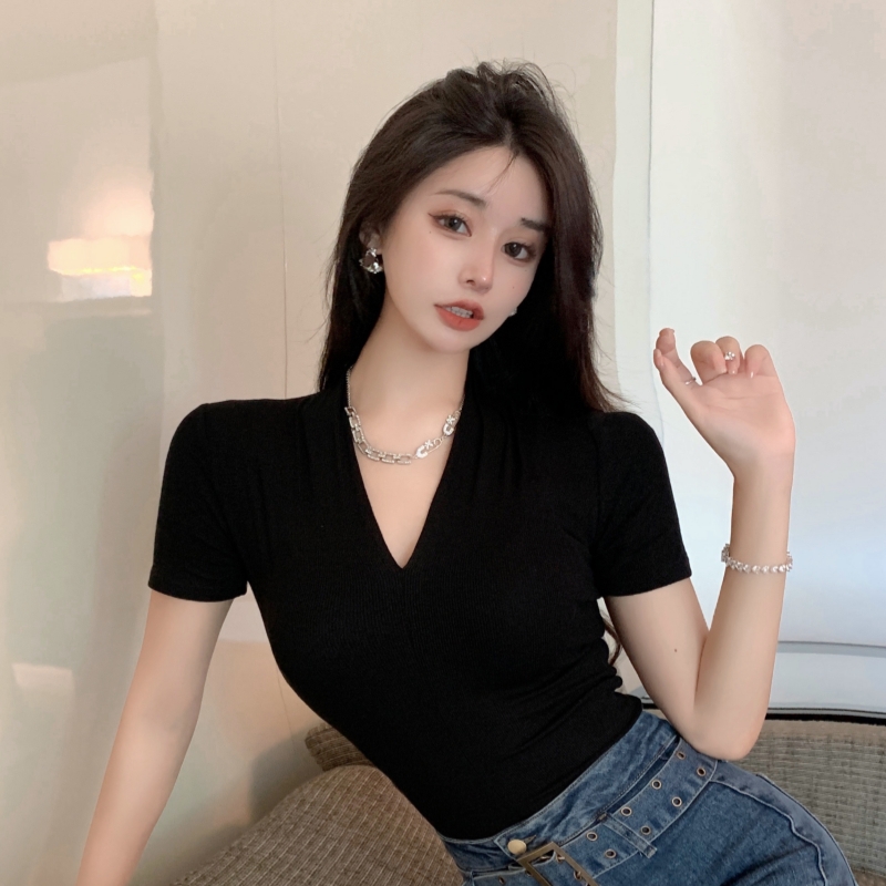 實拍港味復古時尚v領短袖T恤女夏季新款修身顯瘦辣妹氣質彈力上衣
