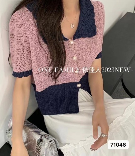 2024 new summer style temperament lapel hollow color-blocking sweater for women Korean style chic waist short ice silk top
