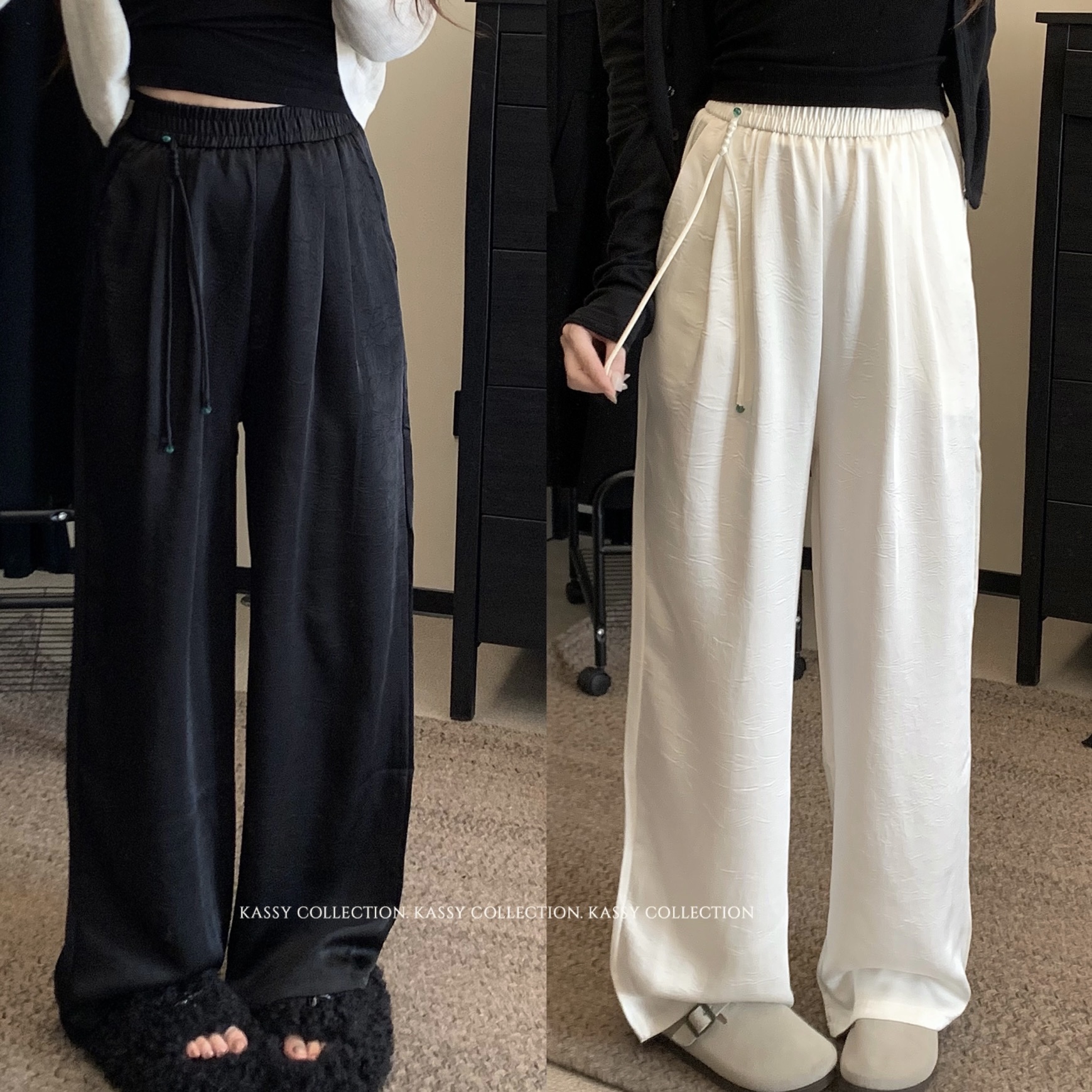 實拍~新中式國風緞面休閒褲子女盤扣流蘇垂感闊腿褲