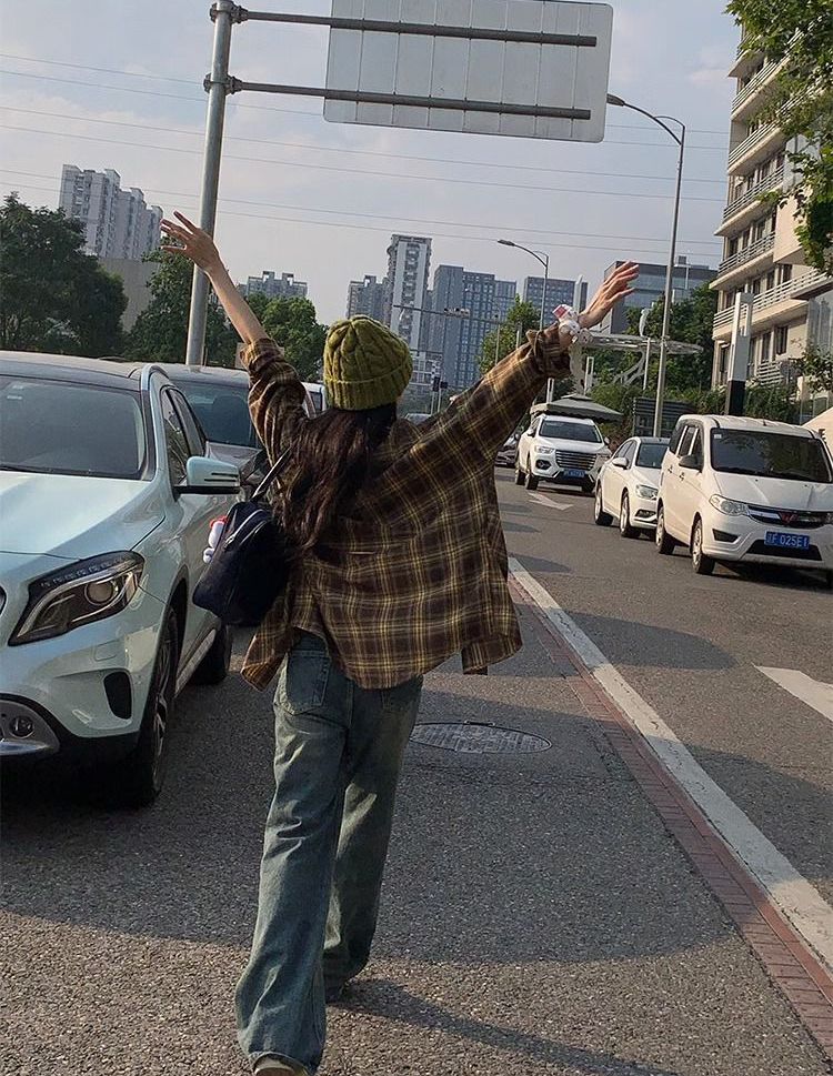 復古美拉德!!顯白襯衫原宿BF格子襯衫外套女秋長袖t恤女襯衣