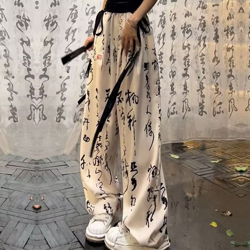 新中式復古飄帶闊腿長褲女夏新款寬鬆垂感鬆緊高腰抽繩休閒拖地褲
