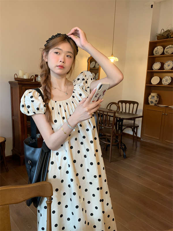實拍泡泡袖復古波點溫柔風甜美減齡襯衣長款寬鬆連衣裙女