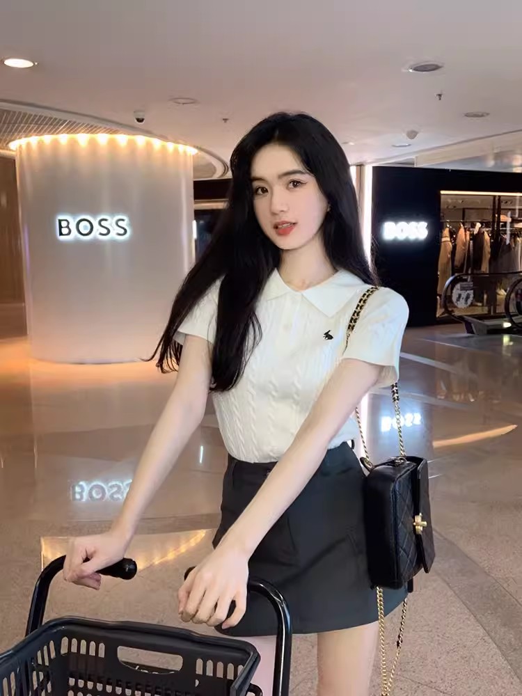 famouswang年夏季新款學院風polo領麻花兔子針織短袖上衣女