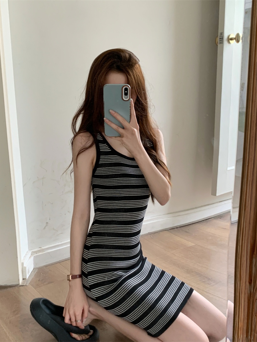 美式辣妹條紋背心連衣裙女夏季撞色無袖吊帶裙收腰顯瘦包臀短裙子