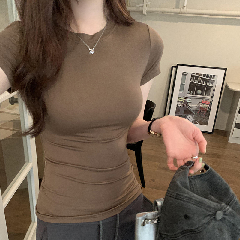 Real photos of coffee-colored round neck short-sleeved T-shirts for women 2024 spring and summer new style slimming, casual and beautiful tops