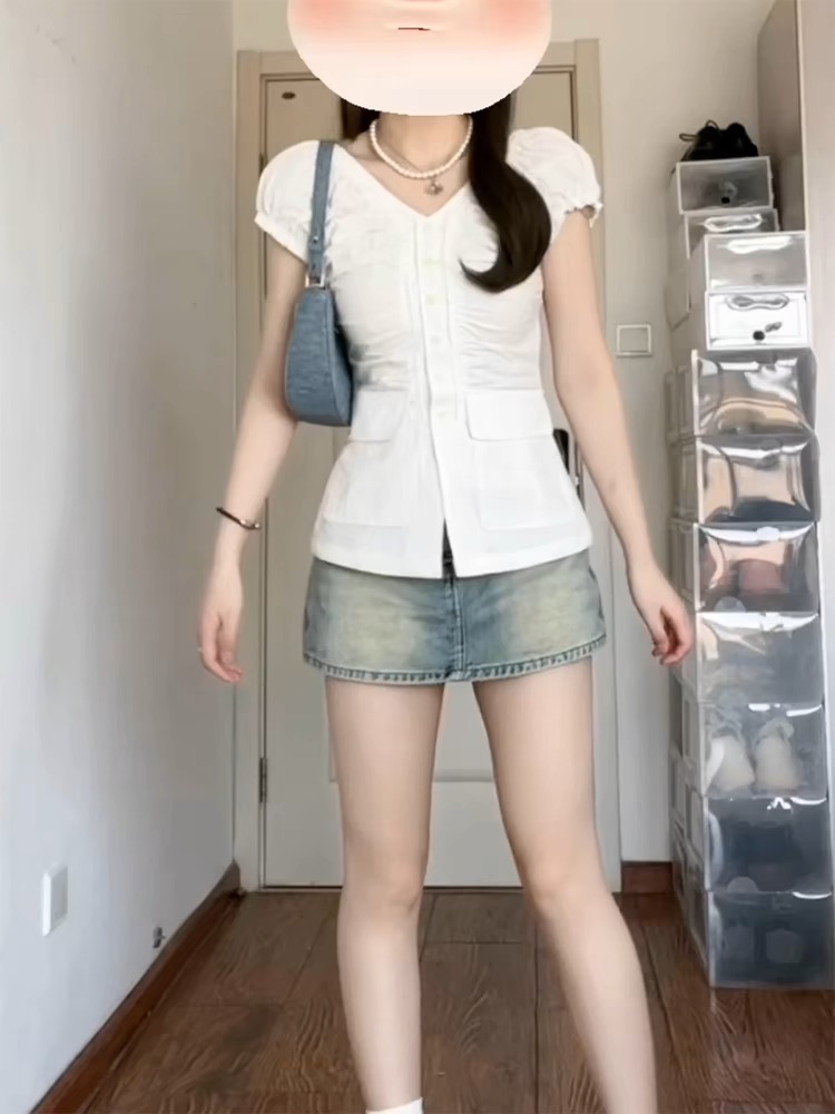 法式白色正肩短袖襯衫女夏季修身收腰外搭v領襯衣設計感小眾上衣