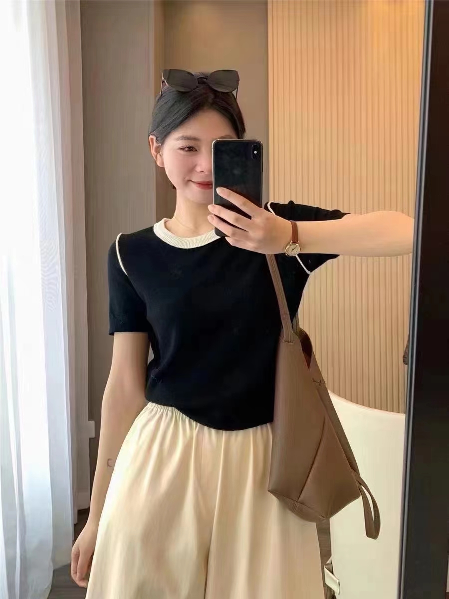 小眾撞色圓領短袖針織衫女裝春季小個子修身顯瘦正肩上衣