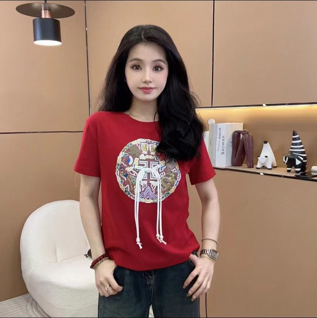 國風刺繡拼色短袖T恤女2024春季新款時尚復古打底衫寬鬆百搭上衣