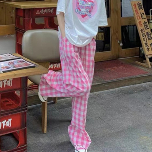 粉色格子裤女夏季薄款美式复古工装运动阔腿休闲裤子