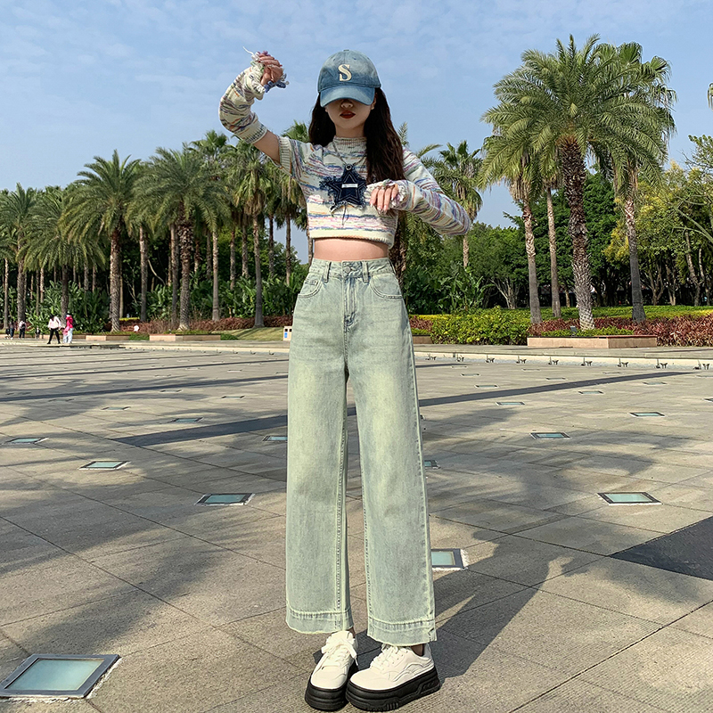 實拍~美式寬鬆小個子牛仔褲女時尚高級垂感顯高顯瘦新款直筒褲ins