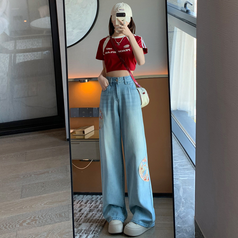實拍~直筒牛仔褲女春2024年新款顯瘦中國風設計感闊腿褲子女