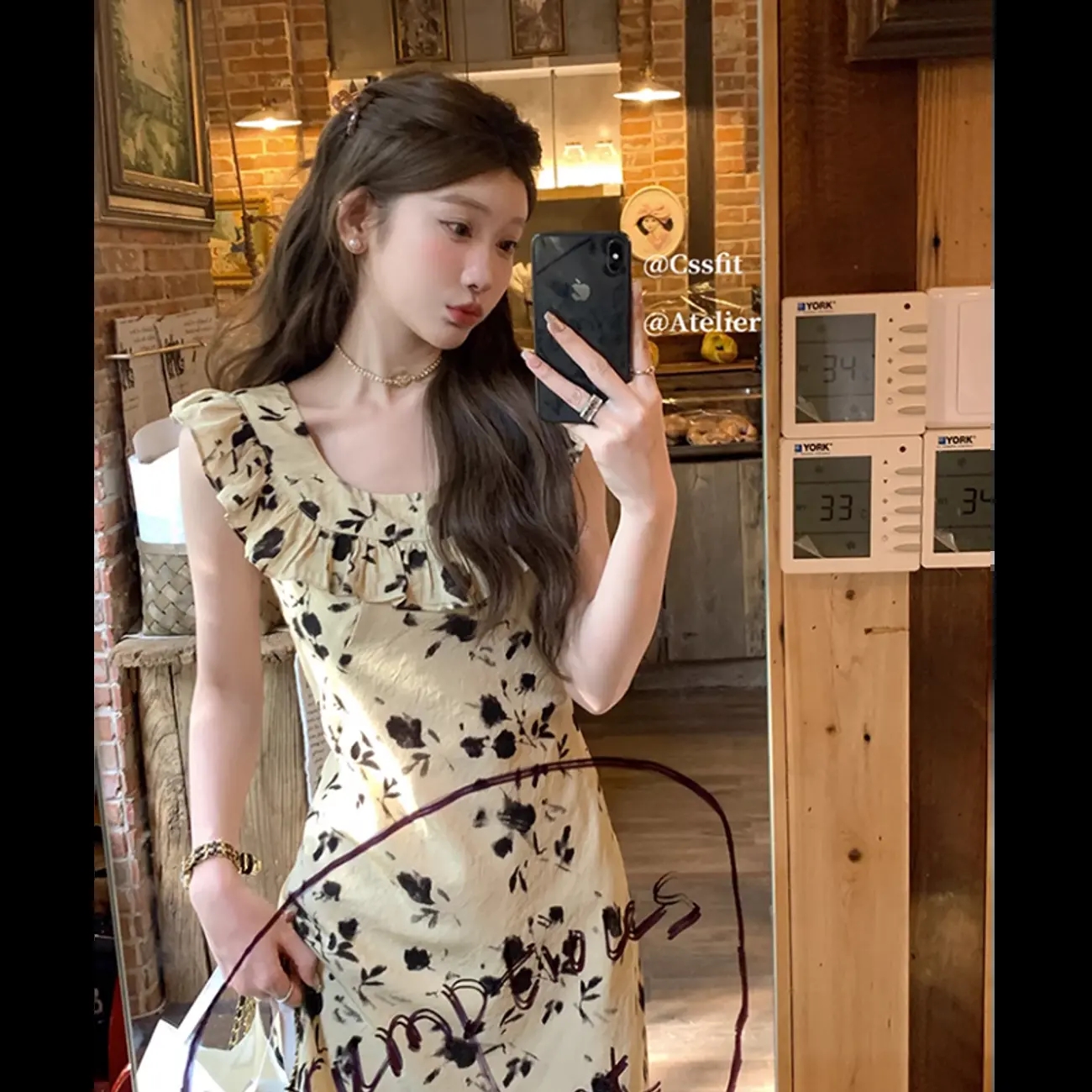 黎明黑玫瑰限定印花小飛袖連衣裙女2024夏季新款氣質顯瘦U領長裙