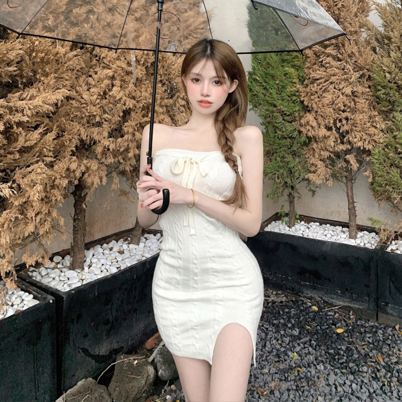 春夏針織下擺開叉裙子女性感純欲甜辣妹掛脖式吊帶連衣裙