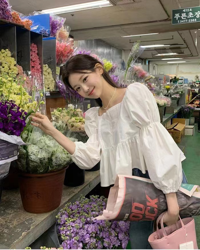 韓版chic氣質方領長袖白色襯衫女裝春款襯衣小個子短款娃娃衫上衣