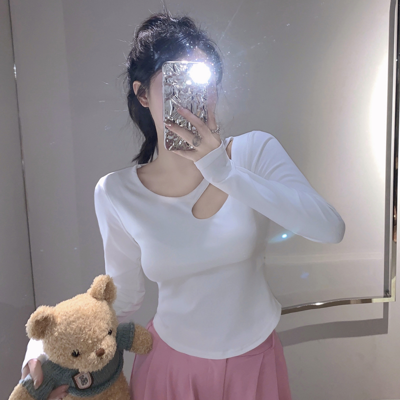 實拍 早春新款設計感鏤空性感長袖T恤女修身打底衫短款小心機上衣