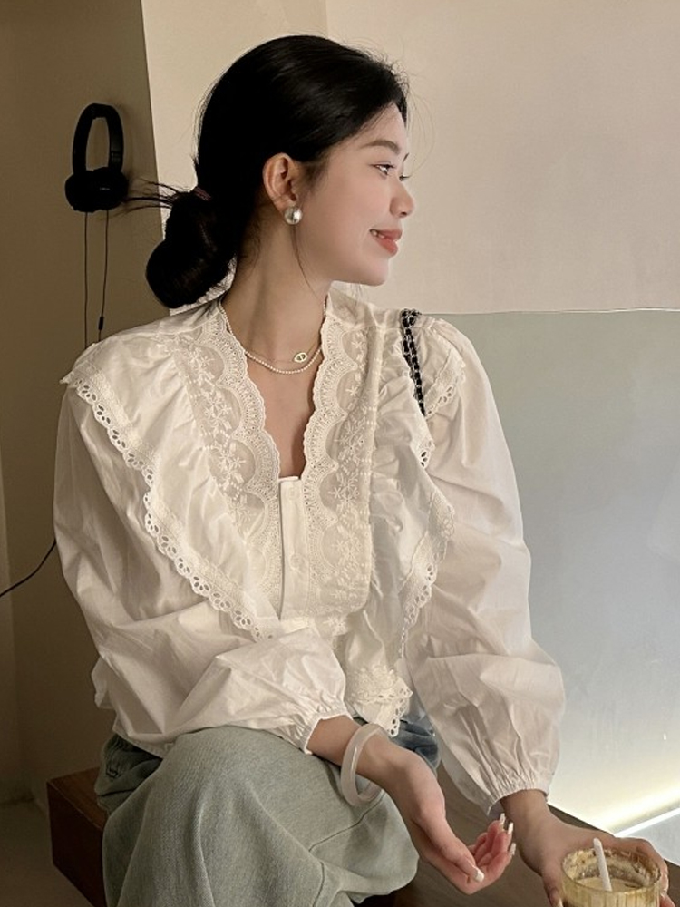法式優雅精緻白色襯衫女蕾絲花邊拼接長袖系帶v領上衣