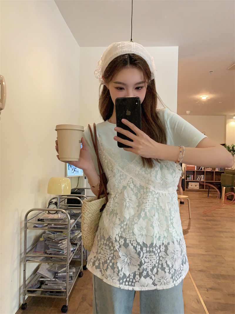 實拍 韓版洋氣蕾絲吊帶疊穿背心女短袖t恤兩件套