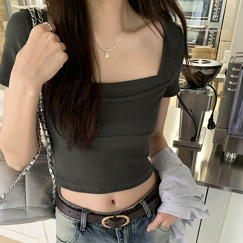 Actual photo design square collar double-layer threaded short-sleeved T-shirt for women 2024 spring and summer new sweet and spicy style short top