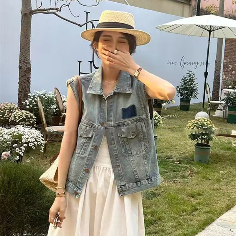 設計感陰影雙口袋牛仔馬甲女寬鬆復古懷舊無袖夾克百搭上衣背心女